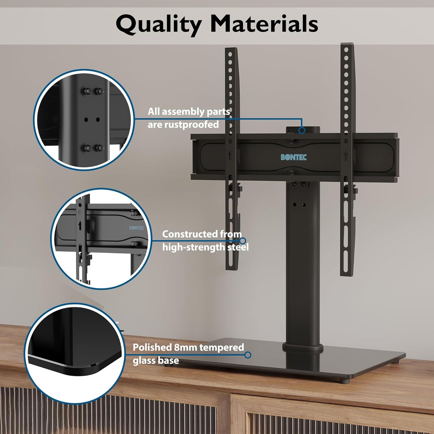 Suport TV cu stand de masa/birou, pentru televizor plat si curbat 26-55 inch, suporta greutate pana la 45 kg, VESA 400 x 400 mm, pivotare 50°, inaltime ajustabila, prinderi din otel, multifunctional