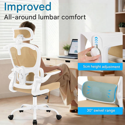Scaun de birou ergonomic Coscendo, cu tetiera 3D reglabila si suport lombar ajustabil, inclinare 90°–120°, cotiere rabatabile 90°, reglabil pe inaltime, rotativ cu roti silentioase, sarcina maxima 130 kg, crem