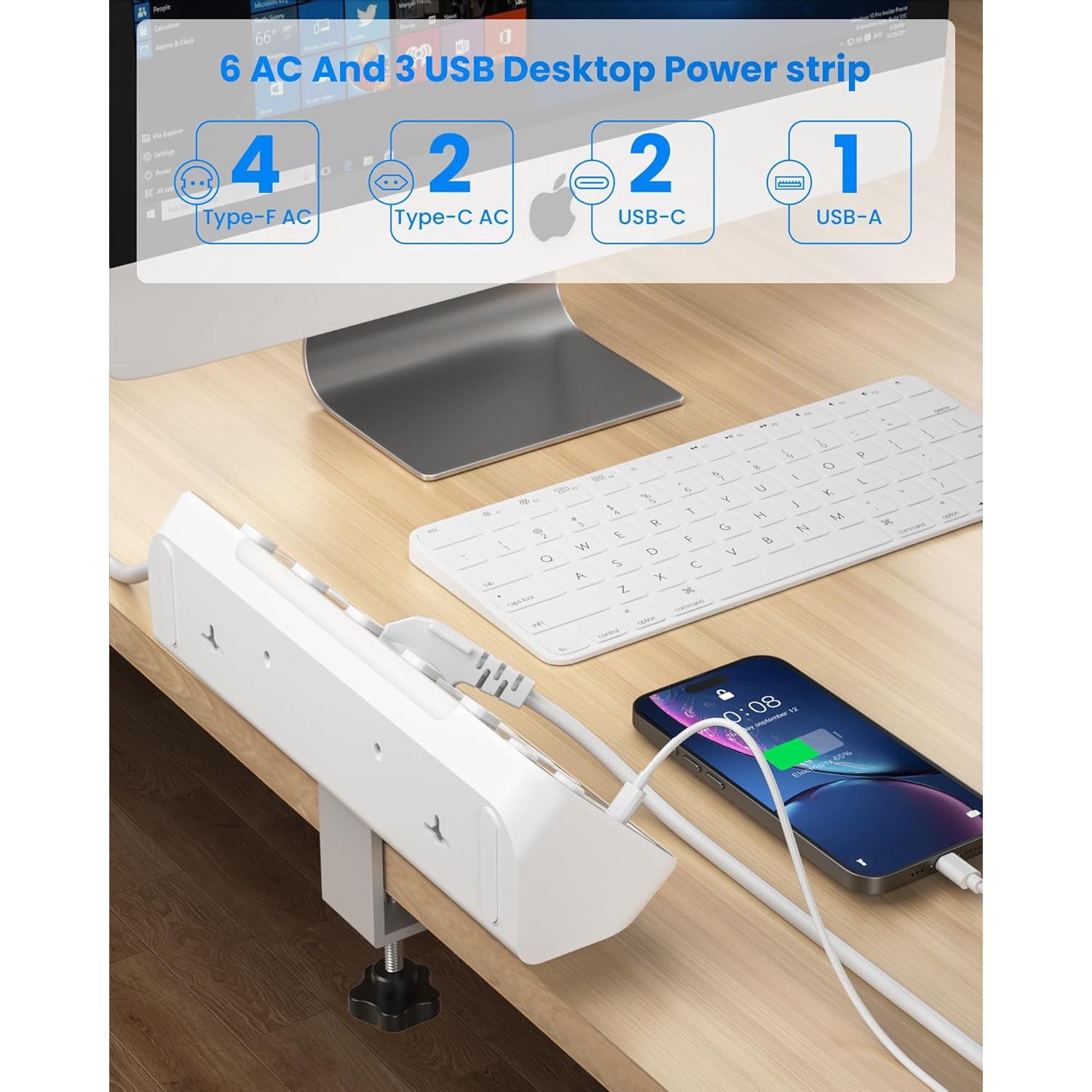 Prelungitor pentru perete/colt, cu 6 prize cu intrerupator individual, 2 porturi USB-C PD 20W, 1 port USB-A 18W QC, lumina de noapte, cu prindere pentru birou, cablu de 2 m, protectie la supratensiune, alb
