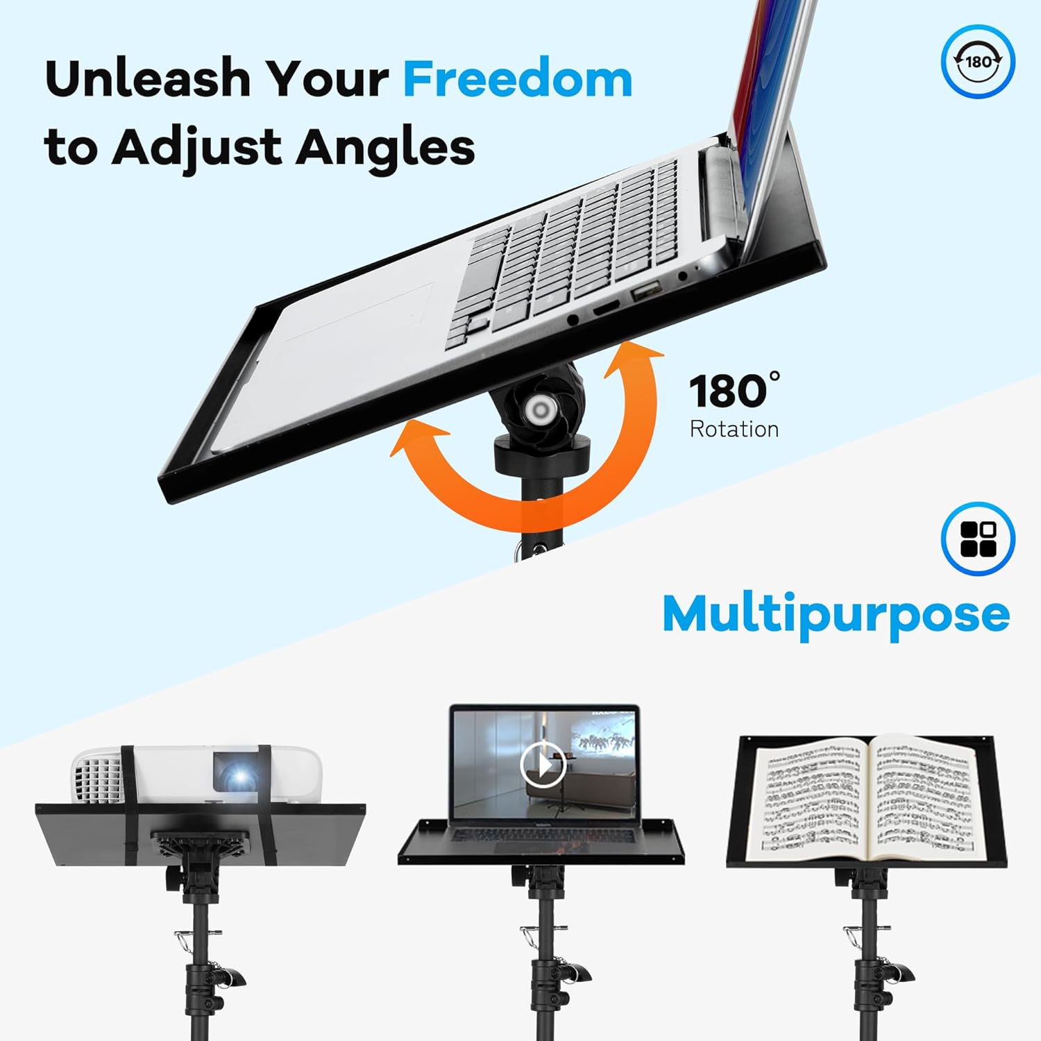 Suport mobil pentru videoproiector/laptop, stand cu inaltime reglabila 71-137 cm, cu rotile, pin de blocare, suport smartphone, capacitate 14 kg, din metal, unghi reglabil 180°, pentru proiector, tableta, mixer, laptop, partitura, negru