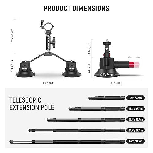 Suport auto 2 in 1 pentru camera si telefon, rotativ 360°, cu trei ventuze, tija telescopica extensibila, folosit pentru exterior in timpul deplasarii, suport pentru camera cu eliberare rapida, compatibil cu GoPro, Insta360, DJI OSMO Action