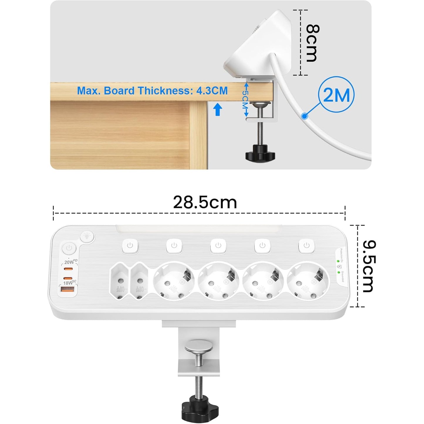 Prelungitor pentru perete/colt, cu 6 prize cu intrerupator individual, 2 porturi USB-C PD 20W, 1 port USB-A 18W QC, lumina de noapte, cu prindere pentru birou, cablu de 2 m, protectie la supratensiune, alb