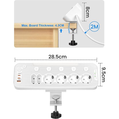 Prelungitor pentru perete/colt, cu 6 prize cu intrerupator individual, 2 porturi USB-C PD 20W, 1 port USB-A 18W QC, lumina de noapte, cu prindere pentru birou, cablu de 2 m, protectie la supratensiune, alb