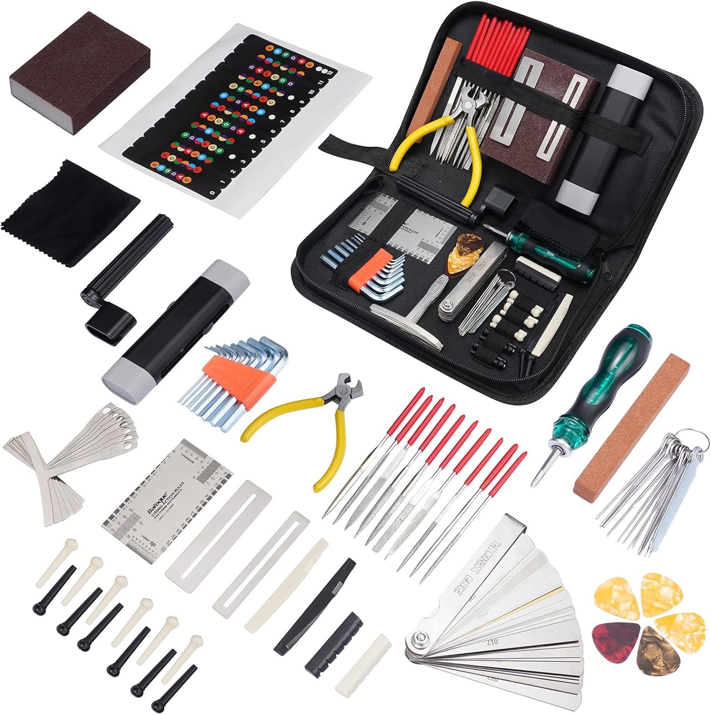 Kit reparatii chitara, 72 piese cu chei inbus, cleste, infasuratori de corzi, pile, surubelnita si accesorii pentru chitara acustica, Ukulele, Bas, Mandolina, Banjo