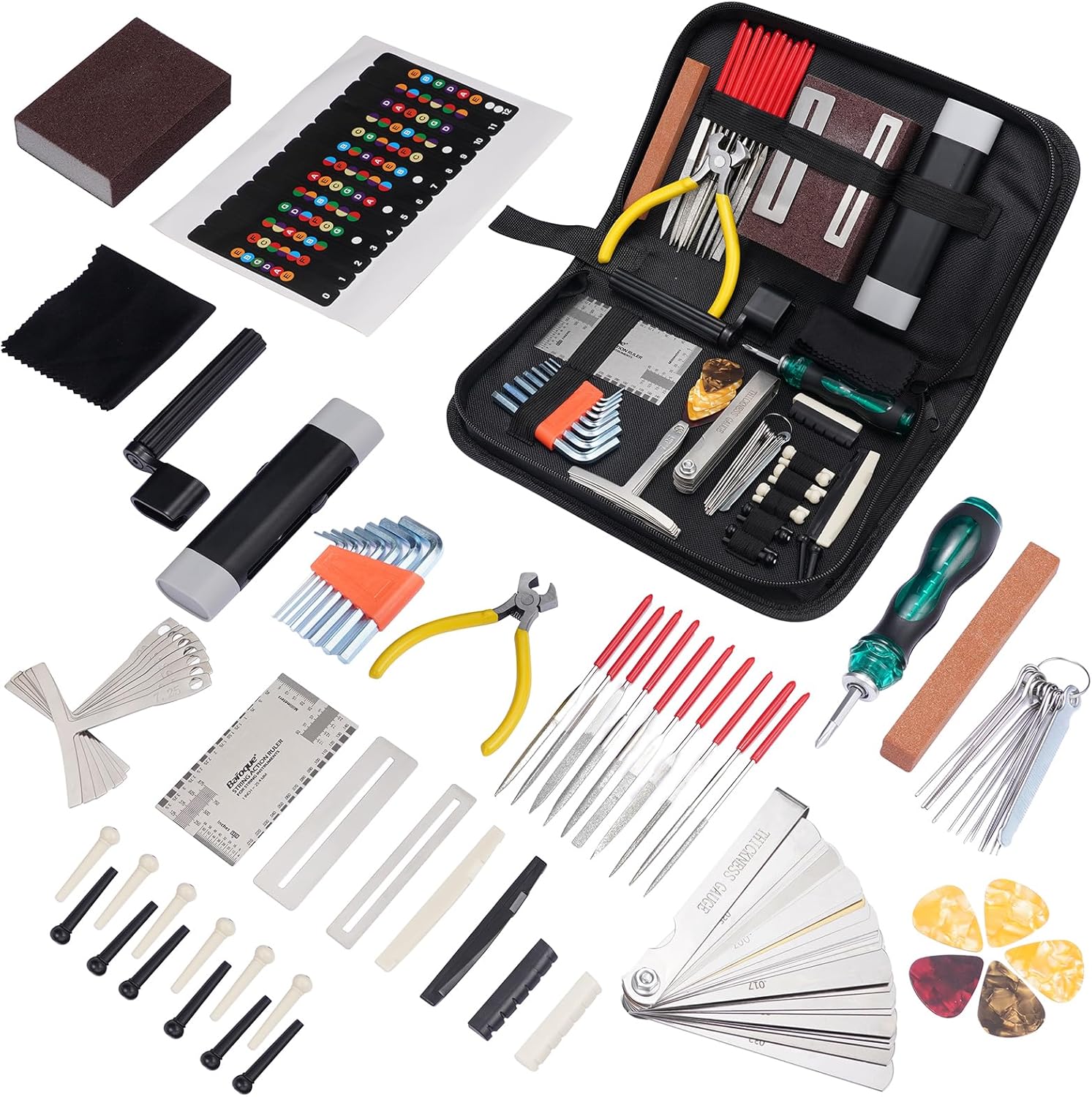 Kit reparatii chitara, 72 piese cu chei inbus, cleste, infasuratori de corzi, pile, surubelnita si accesorii pentru chitara acustica, Ukulele, Bas, Mandolina, Banjo