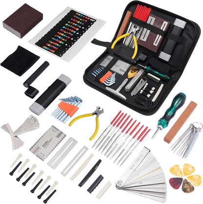 Kit reparatii chitara, 72 piese cu chei inbus, cleste, infasuratori de corzi, pile, surubelnita si accesorii pentru chitara acustica, Ukulele, Bas, Mandolina, Banjo