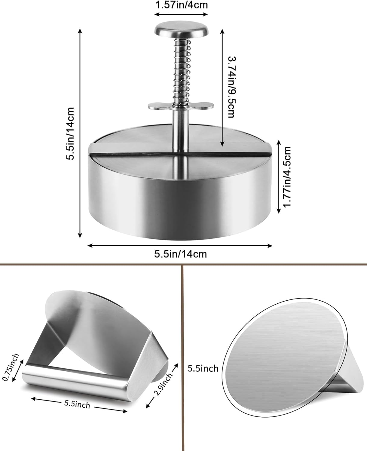 Set 2 presa burger din otel inoxidabil, de 14 cm, cu presa hamburger gradata reglabila, 100 buc hartie de silicon si 2 pensule, profesional, multifunctional