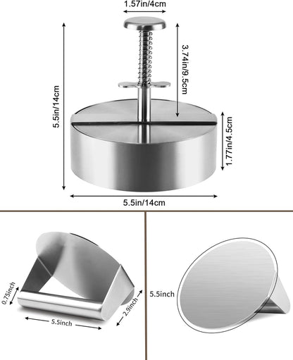 Set 2 presa burger din otel inoxidabil, de 14 cm, cu presa hamburger gradata reglabila, 100 buc hartie de silicon si 2 pensule, profesional, multifunctional