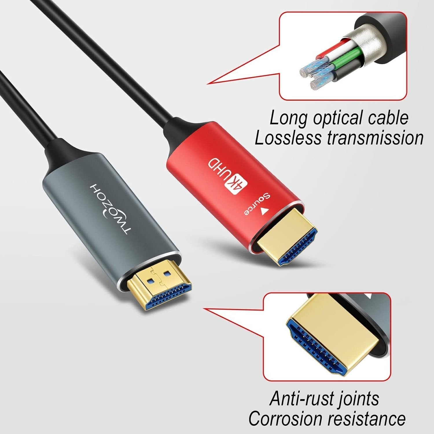 Cablu HDMI 2.0 de 50m, 4K/60Hz, 18Gbps, prin fibra optica, 3D UHD, Audio Return (ARC), 18Gbps, HDCP 2.2, unidirectional, conector placat cu aur, universal