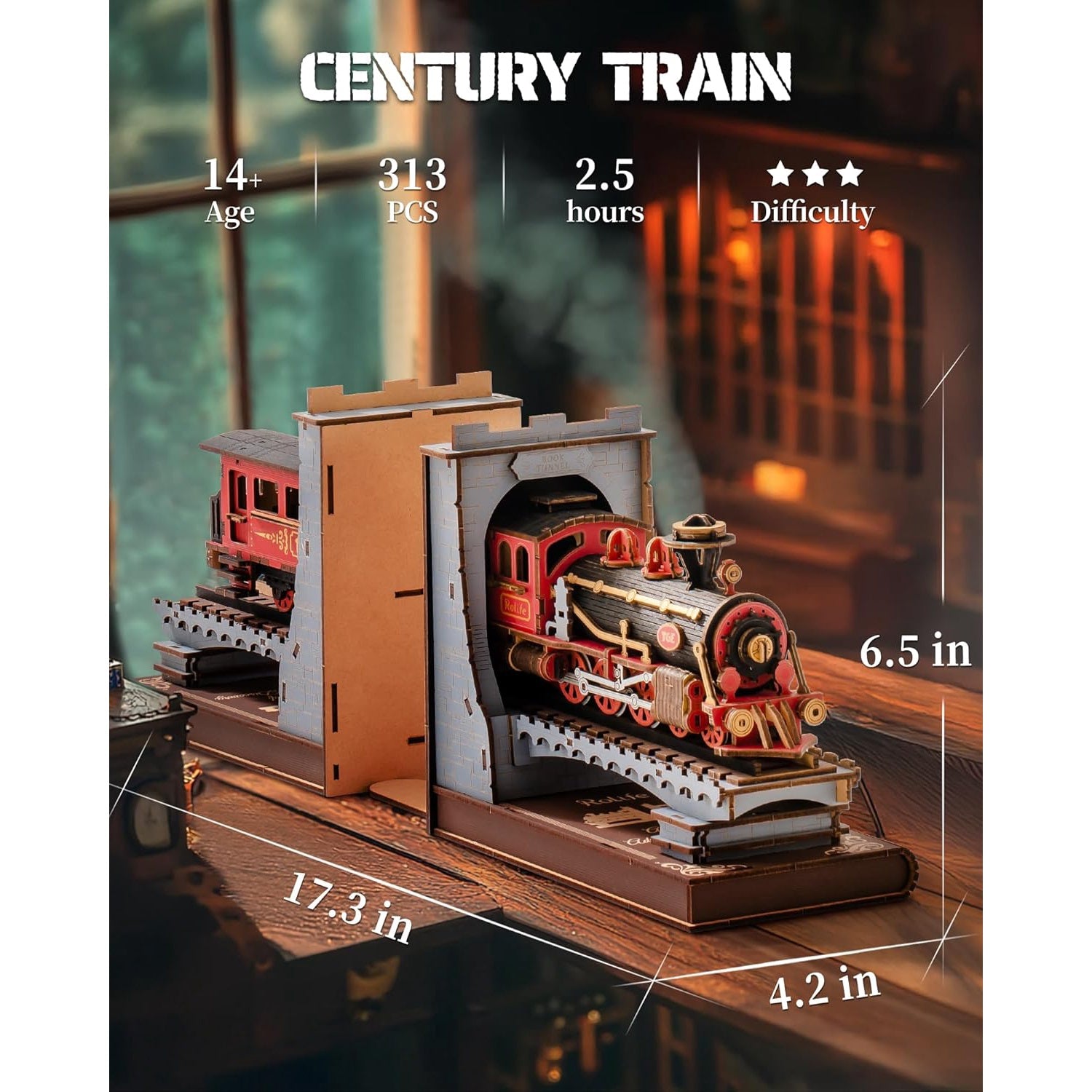 Puzzle 3D Book Nook Kit, Suport de carte DIY tren in tunel, 313 piese, accesoriu decorativ multifunctional