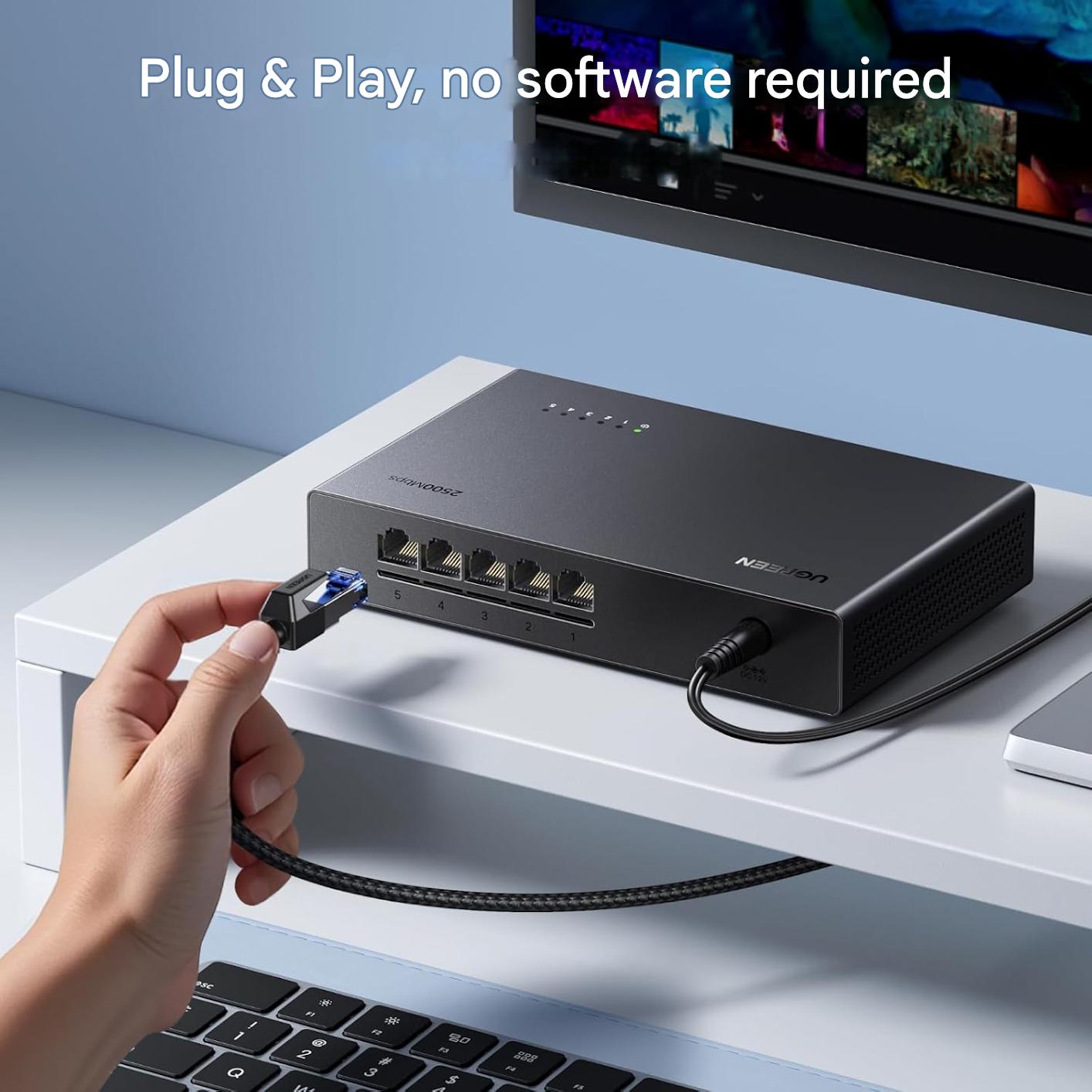 Switch LAN UGREEN 2.5G, 5 porturi 2.5G, neadministrat, pentru PC, NAS, server, WiFi 6, transfer rapid, fara ventilator, silentios, montare pe desktop sau perete