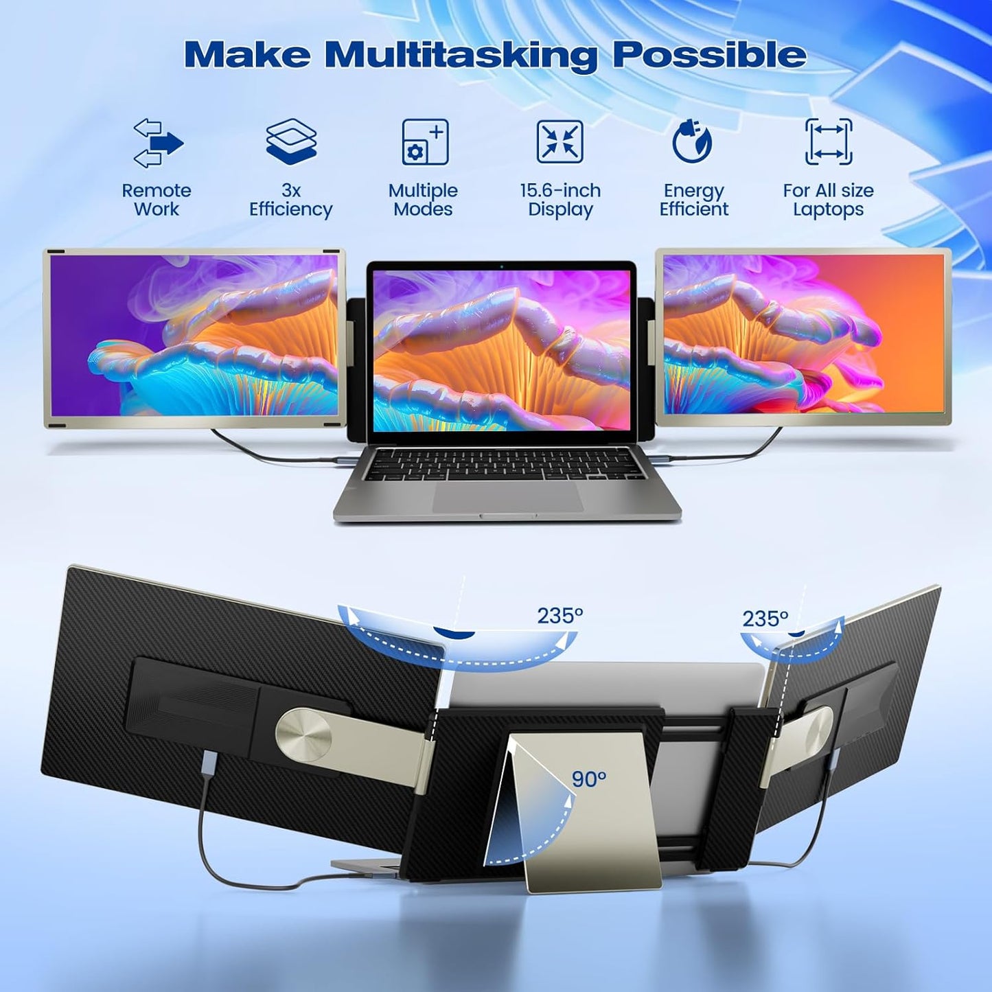 Monitor portabil pentru laptop cu doua ecrane detasabile 15.6 inch, Full HD 1080P, pliabile, contrast 1000:1, sRGB, 16.7 millioane culori, HDMI/USB-C, difuzor incorporat, pentru Mac, Windows, Chrome