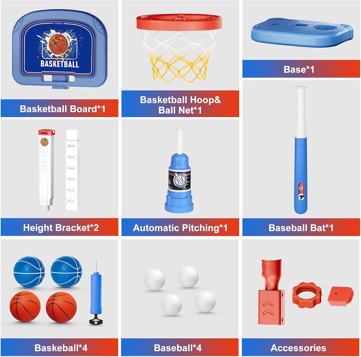 Set cos de baschet si baseball pentru copii 2 in 1 cu bata, baza de lansare, pompa, mingi, suport cu inaltime reglabila, baza stabila, pentru interior si interior, multifunctional