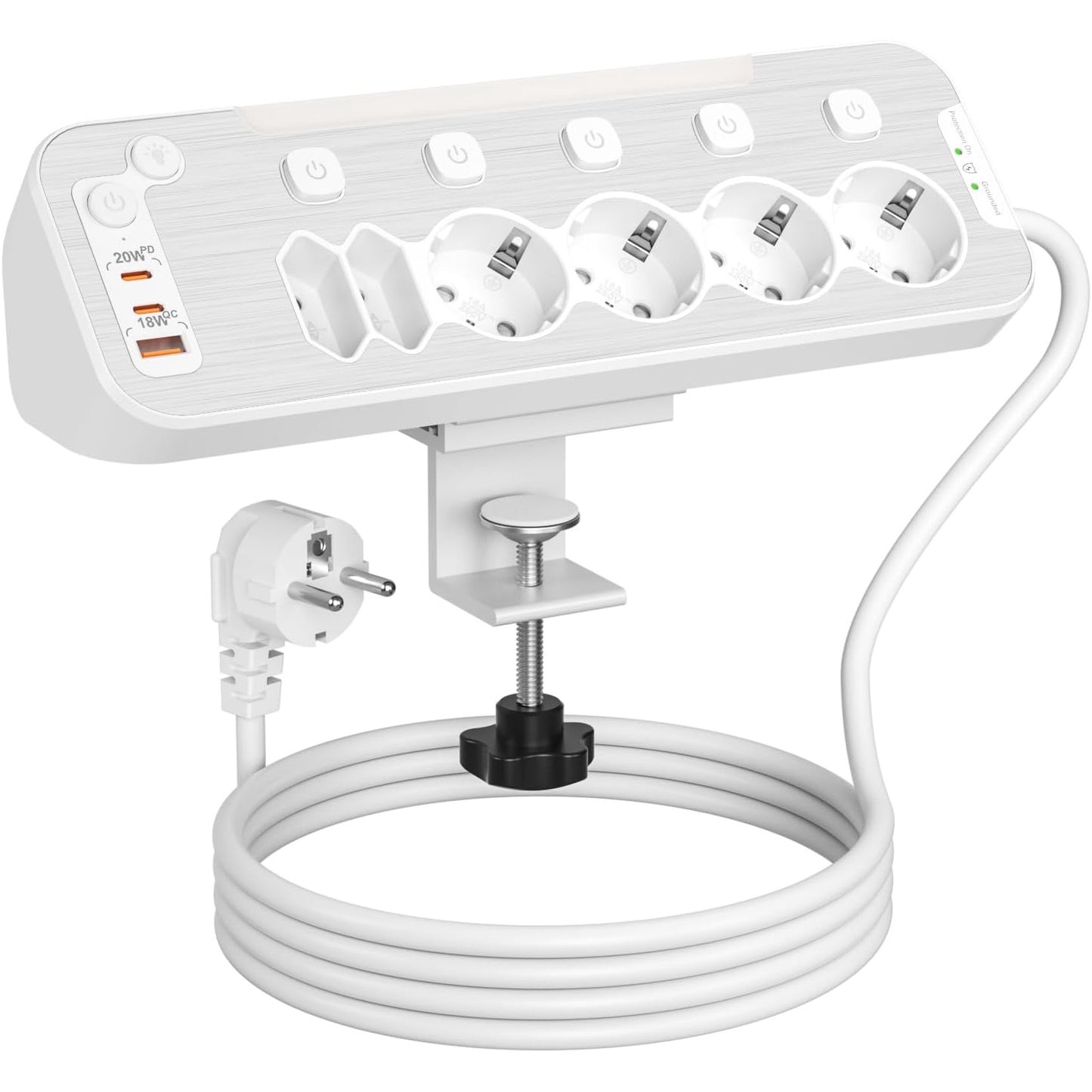 Prelungitor pentru perete/colt, cu 6 prize cu intrerupator individual, 2 porturi USB-C PD 20W, 1 port USB-A 18W QC, lumina de noapte, cu prindere pentru birou, cablu de 2 m, protectie la supratensiune, alb