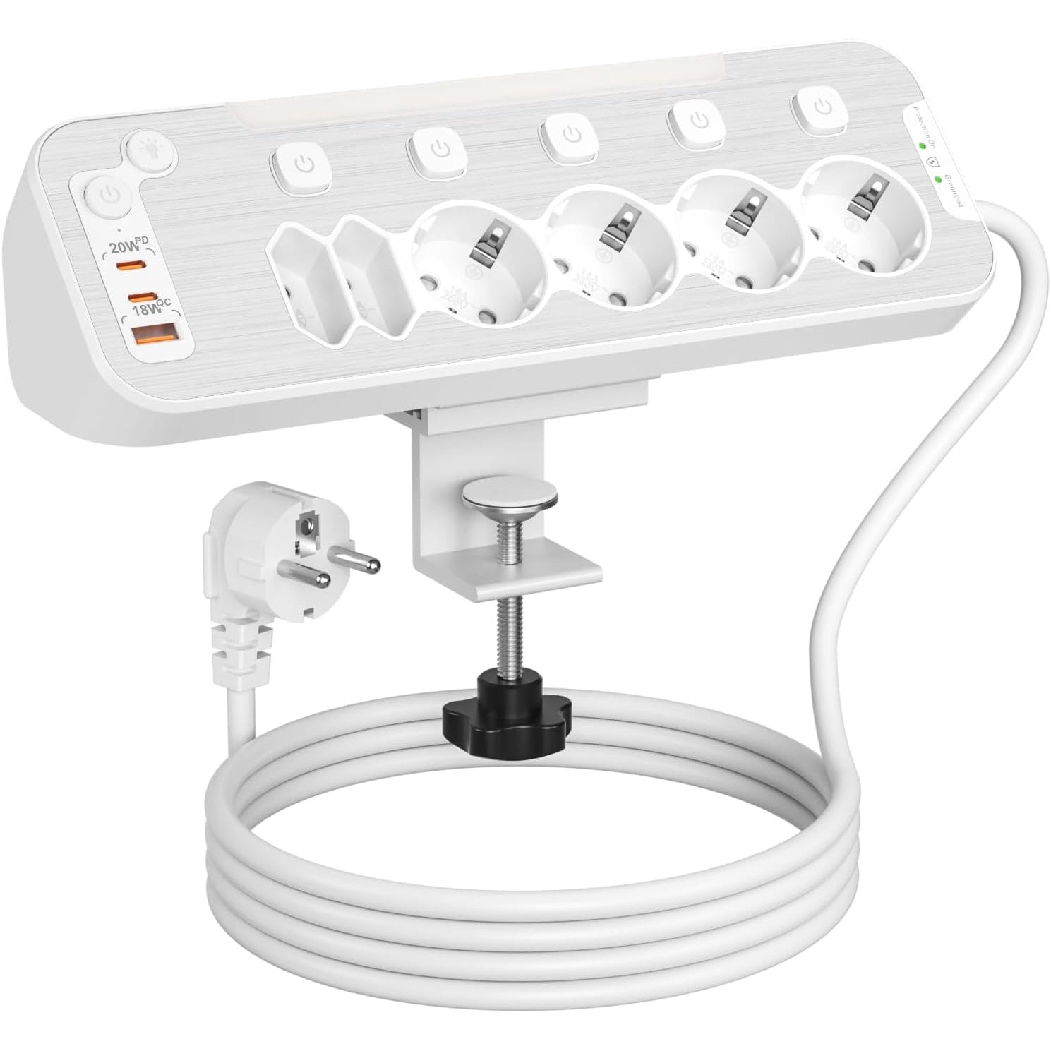Prelungitor pentru perete/colt, cu 6 prize cu intrerupator individual, 2 porturi USB-C PD 20W, 1 port USB-A 18W QC, lumina de noapte, cu prindere pentru birou, cablu de 2 m, protectie la supratensiune, alb