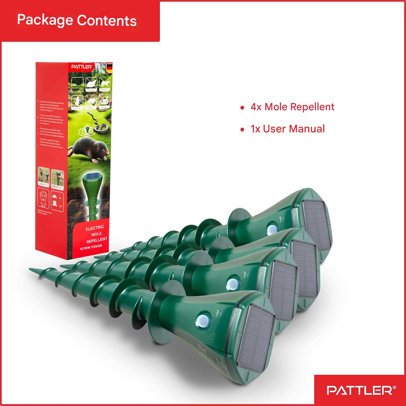 Set 4 dispozitive solare anti-cartite PATTLER, cu ultrasunete pentru gradina pana la 800 m², frecventa variabila, panou solar cu baterie reincarcabila si incarcare USB, instalare in sol tip surub, sigur pentru animale de companie