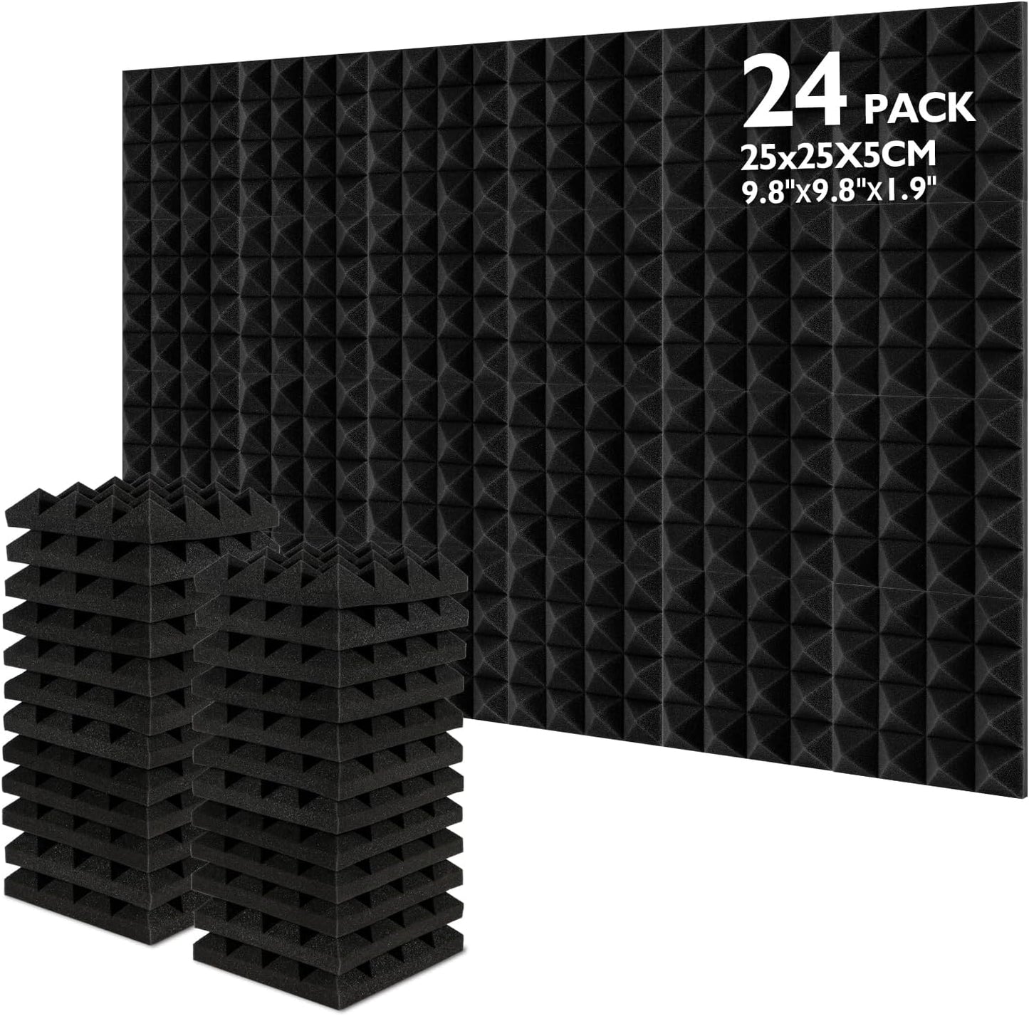 Set 24 panouri acustice, fonoabsorbant 25 x 25 x 5 cm, burete acustic & izolator fonic pentru studio de inregistrare, camera TV, camera copiilor, birou si podcast, negru