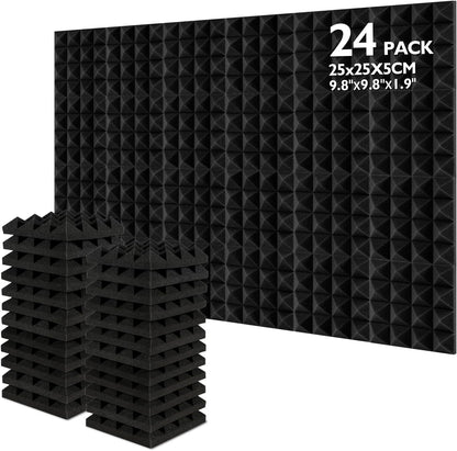 Set 24 panouri acustice, fonoabsorbant 25 x 25 x 5 cm, burete acustic & izolator fonic pentru studio de inregistrare, camera TV, camera copiilor, birou si podcast, negru