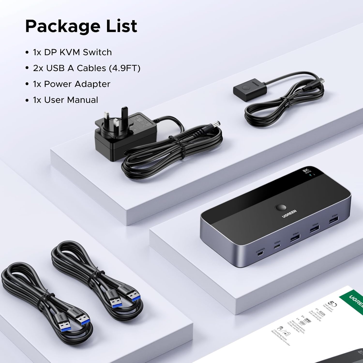 Switch KVM DP, Adaptor Hub pentru 2 computere si 2 monitoare, DisplayPort 8K60Hz, 4 porturi USB 3.0 5Gbps, USB-C, Buton Desktop Control, compatibil Windows/Linux/macOS