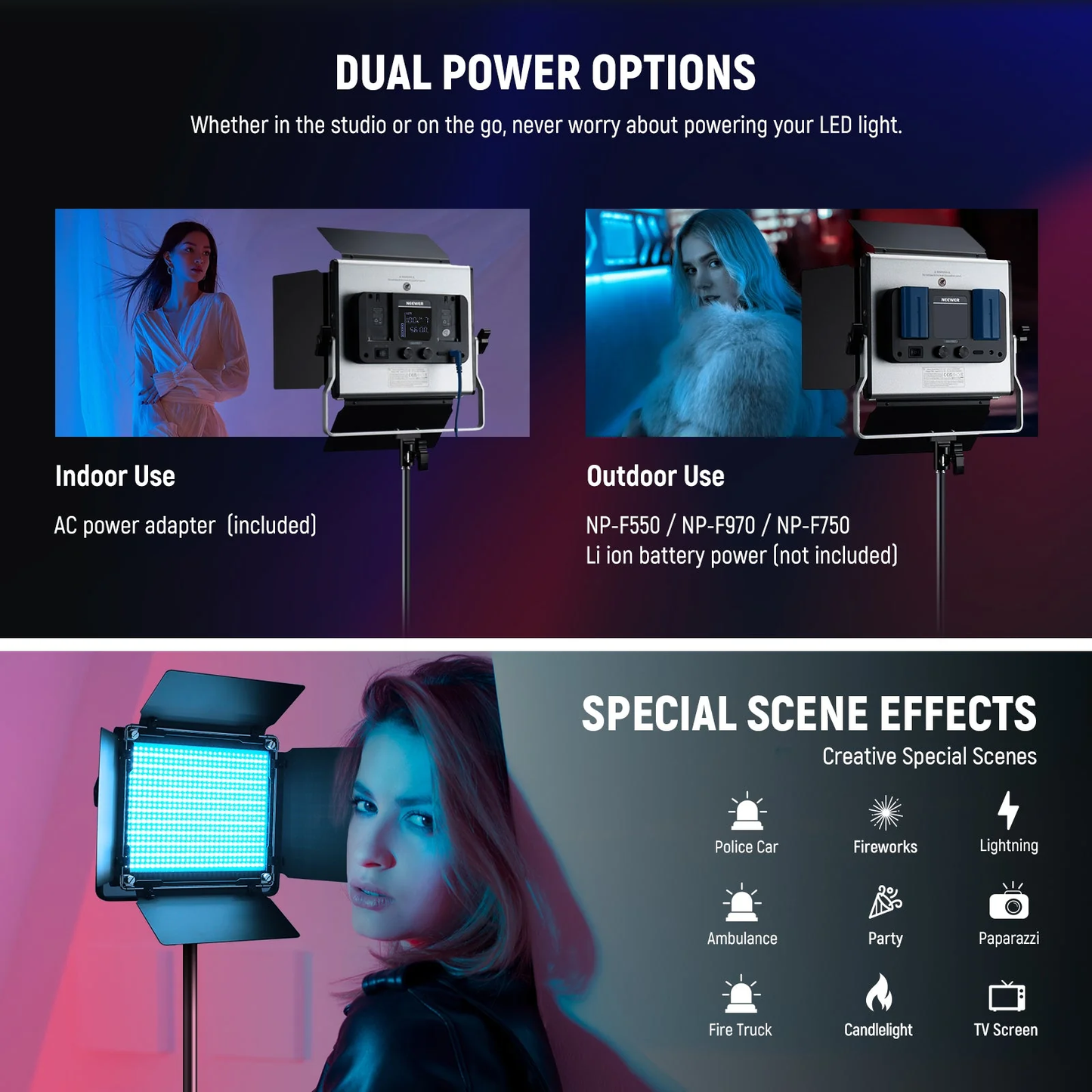 Kit lumina continua, 2 lampi foto-video 660 Pro II, LED RGB, CRI97+, control prin aplicatie, 50W, dimabile 1-100%, temperatura culoare reglabila 3200-5600 K, alimentare duala, 9 efecte de scena
