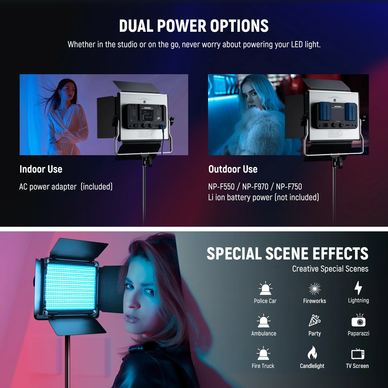 Kit lumina continua, 2 lampi foto-video 660 Pro II, LED RGB, CRI97+, control prin aplicatie, 50W, dimabile 1-100%, temperatura culoare reglabila 3200-5600 K, alimentare duala, 9 efecte de scena
