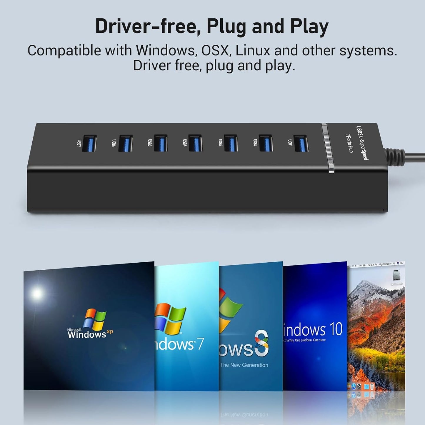 Hub USB 7 in 1, USB 3.0, 7 porturi, 5 Gbps, de 30 cm, compatibil Windows, mac OS, Linux, Plug and Play, lumina LED, protectie supracurent, supraincarcare, scurtcircuit, multifunctional