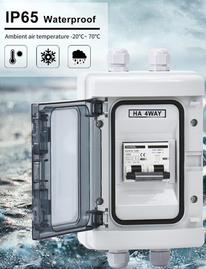 Set tablou de sigurante cu siguranta automata 120A DC 12V-400V sau AC 90V-400V, 2 poli, intrerupator solar automat pentru sistem fotovoltaic in carcasa impermeabila IP65