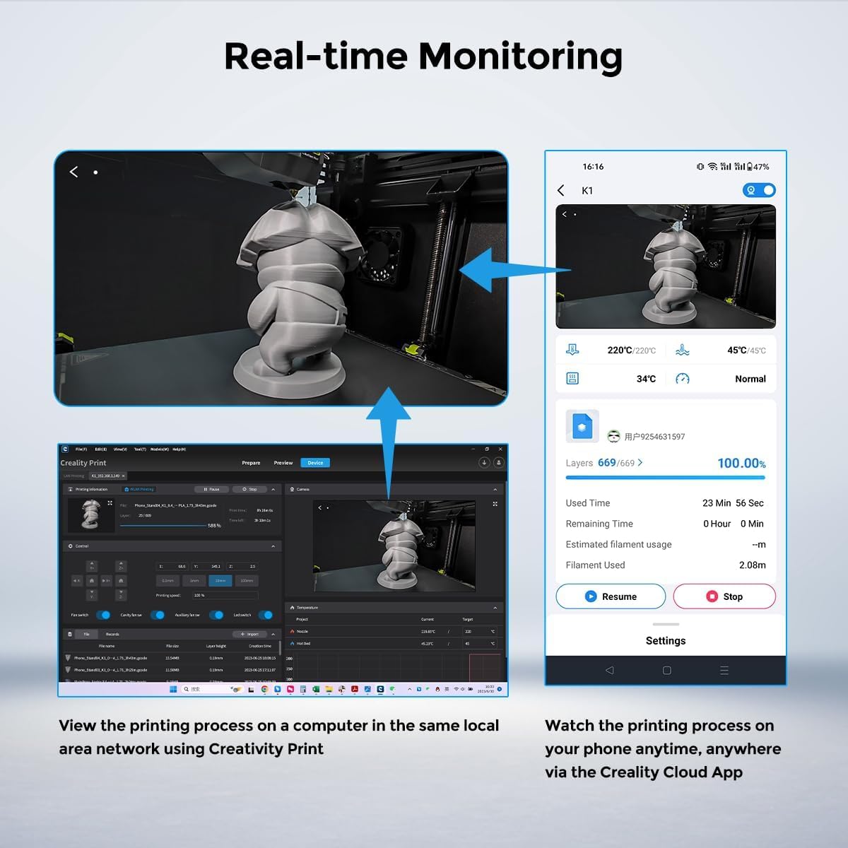 Camera video pentru imprimanta 3D K1/K1 Max, cu detectare AI, 1080P HD, timelapse, vizualizare live, instalare usoara, neagra