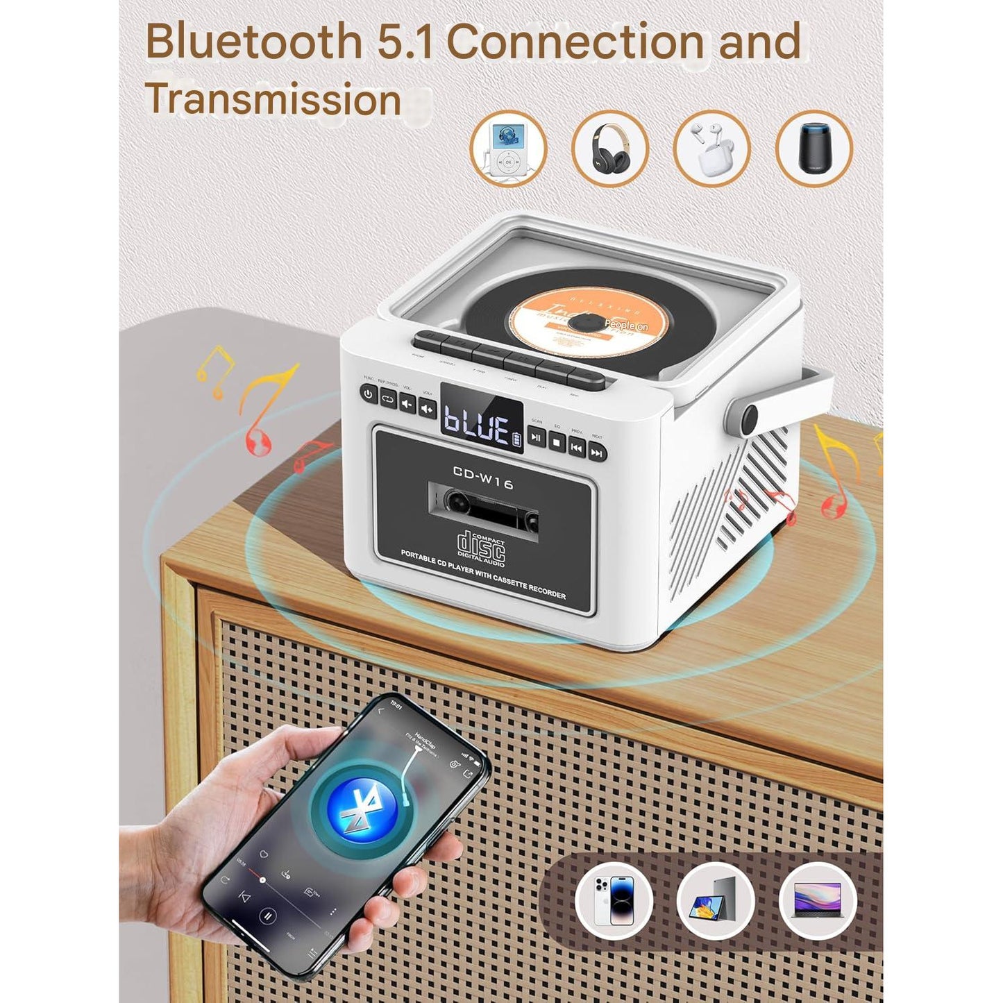 Radio cu casetofon si player CD, baterie reincarcabila 5000 mAh, afisaj LED, telecomanda si maner portabil, difuzoare duble, redare USB/AUX/MP3/Card TF, iesire Jack casti 3, 5 mm, sistem audio multifunctional, alb