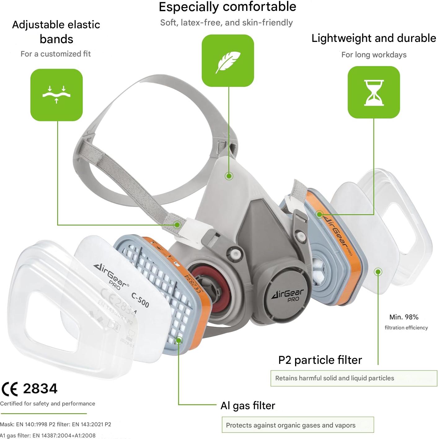Masca respiratorie AirGearPro G-500 cu filtru A1P2 si P2, semimasca protectie cu sistem dublu de filtrare, pentru vopsire, slefuire, constructii, praf fin, gaze si vapori, reutilizabila, cu curele reglabile