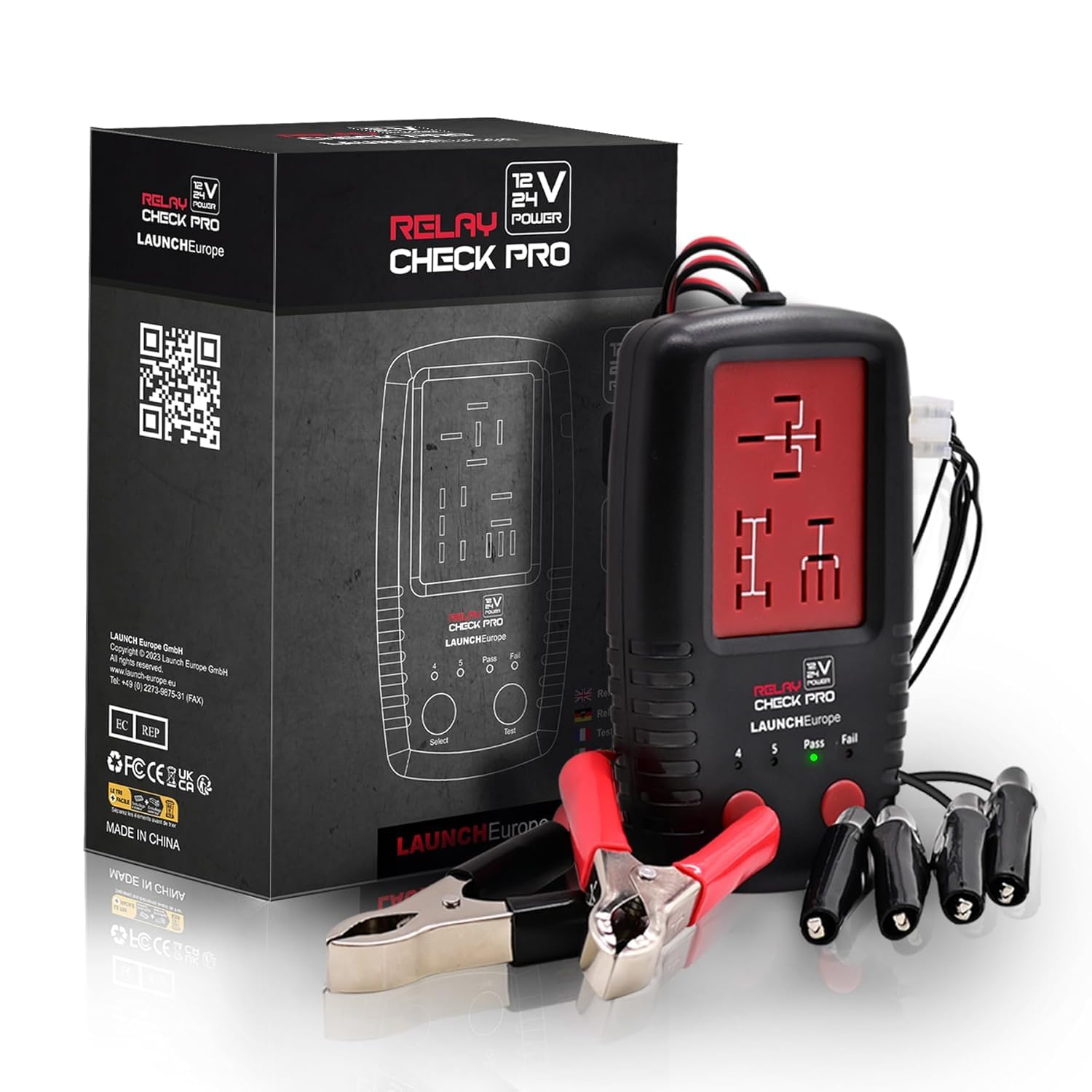 Tester relee auto LAUNCH Europe RelayCheck Pro 12V/24V, detectare automata pini 4/5, test sarcina contact, diagnostic LED cu coduri eroare, pentru masini si camioane, cu geanta transport