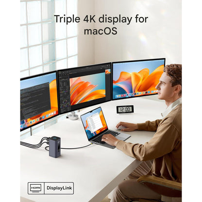Statie de andocare 11 in 1, extindere la 3 monitoare 4K, 3 x HDMI 4K, Displaylink, 3 x USB-A, 2 x USB-C, 1 x Ethernet RJ-45 1GBPS, 1 x AUX, pentru MacBook M1/M2/M3 si Windows, cu buton blocare ecran si baza magnetica
