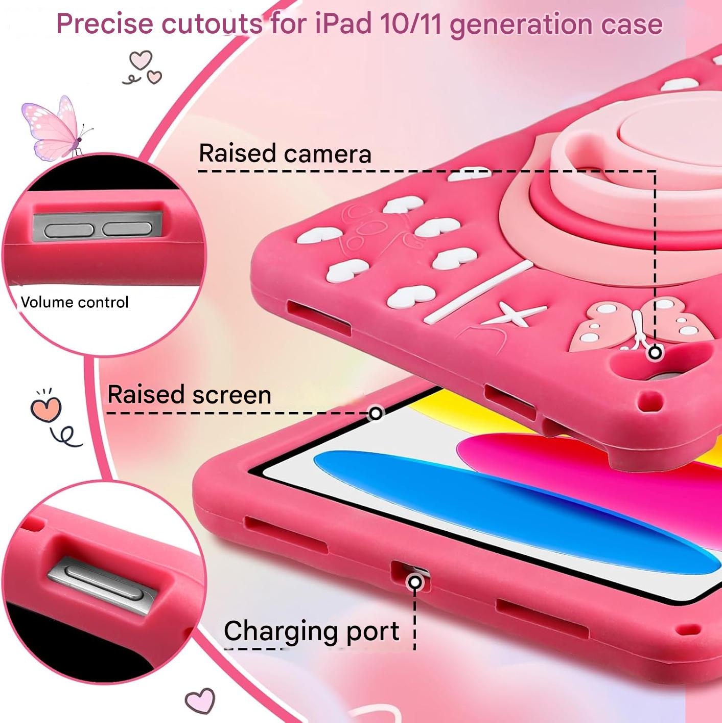Husa de protectie iPad A16 11″ / A10 10,9″ – Fluture, roz, rezistenta la socuri, cu maner rotativ 360°, suport si curea de umar