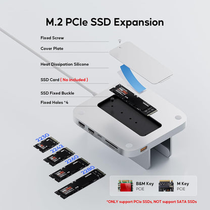 Suport Hub pentru Mac Mini M2/M1, Docking Station vertical 8 in 1 cu slot SSD PCIe, 3 slot USB-A, USB-C 10 Gbps, cititor de carduri SD/TF, mufa audio 3, 5 mm, cu suport telefon