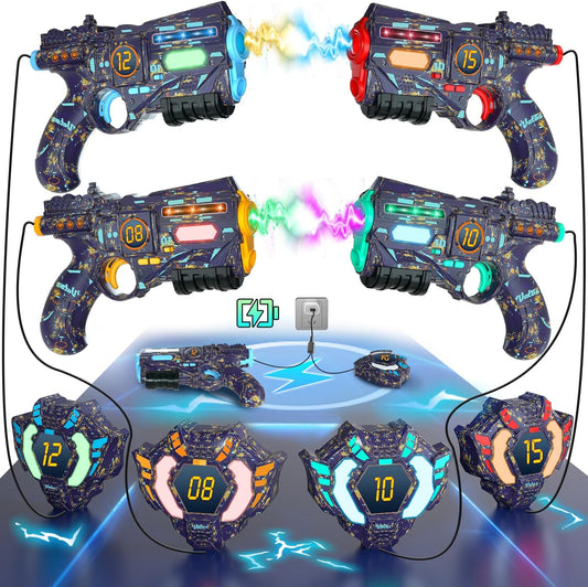 Set pistol Infrared Laser Tag cu 4 arme de jucarie si 4 veste reincarcabile, cu lumini si efecte sonore, pentru interior si exterior, design multicolor