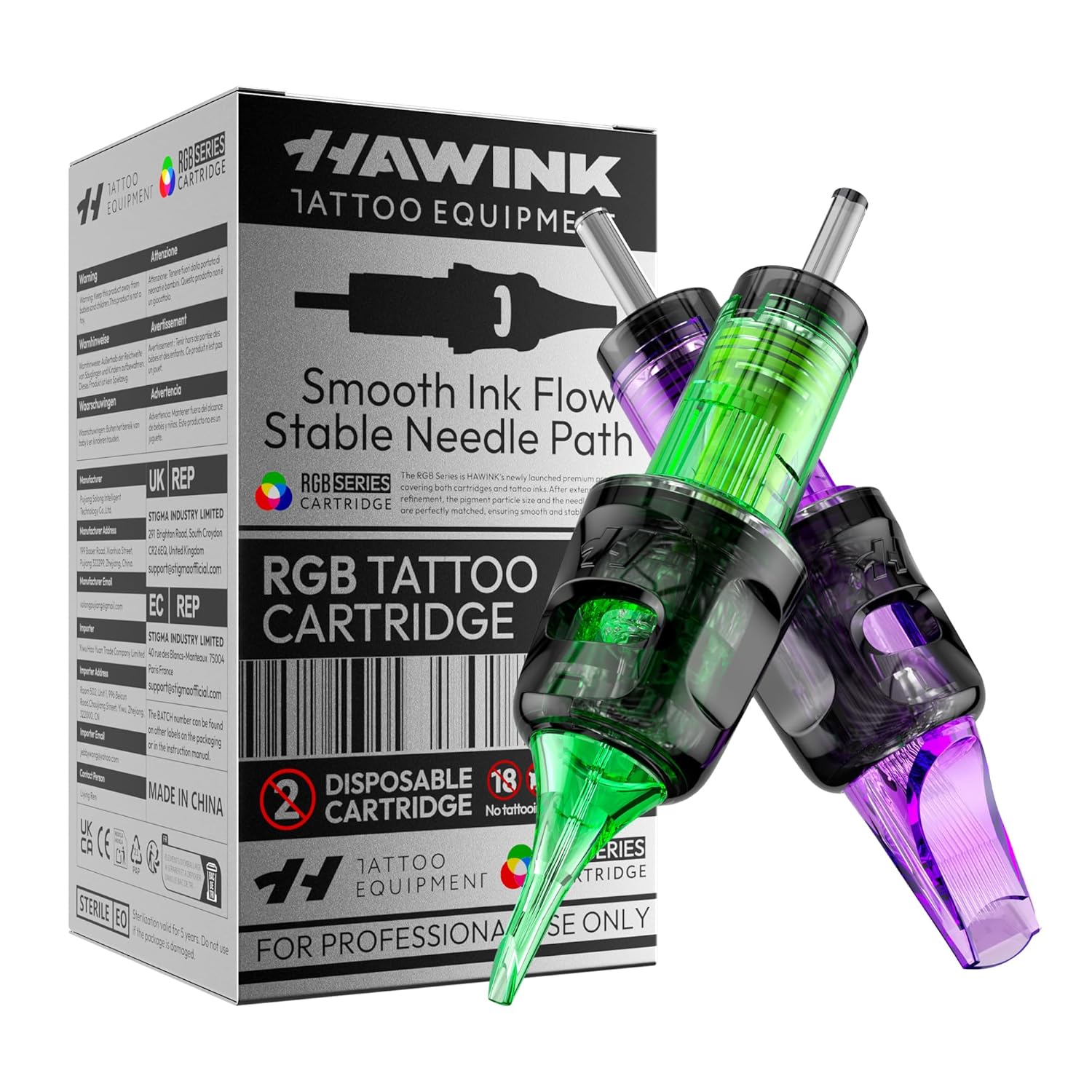 Set 50 ace de tatuat profesionale HAWINK unica folosinta #12 RGB rotunde Standard si Magnum 0, 35 mm, 6 tipuri modul ace 3RL, 5RL, 7RL, 7RM, 9RM, 15RM din otel inoxidabil, accesorii pentru incepatori si artisti EN20-FG-50KIT-U