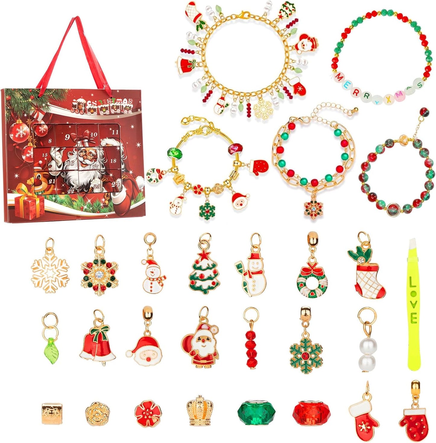 Calendar advent 2025 pentru fete – Calendar de Craciun cu 24 de zile, set bijuterii cu bratara si talismane, cadou de sarbatori, pentru copii cu varsta 6–12 Ani