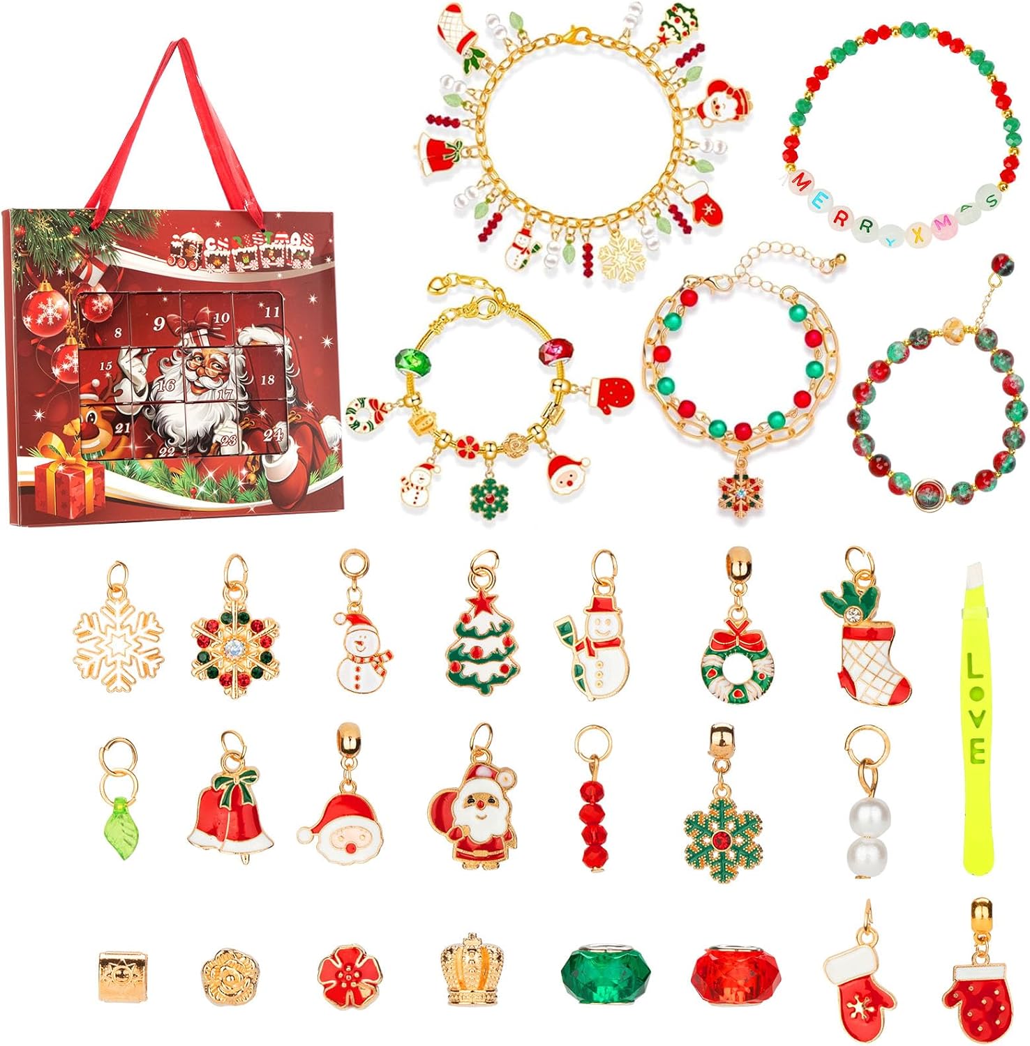 Calendar advent 2025 pentru fete – Calendar de Craciun cu 24 de zile, set bijuterii cu bratara si talismane, cadou de sarbatori, pentru copii cu varsta 6–12 Ani