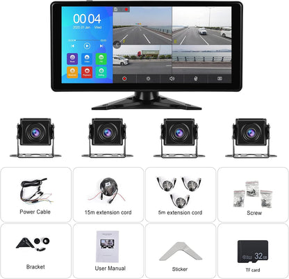 Multimedia player auto cu 4 camere marsarier impermeabile IP67 si nightvision, cu monitor touchscreen de 10, 36 inch, functie split screen, Bluetooth, Transmitator FM, pentru masina, camion, rulota, autocar