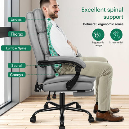 Scaun de birou ergonomic ALFORDSON, piele ecologica PU, spatar ergonomic 3 segmente, tetiera integrata, suport picioare retractabil, inclinare reglabila 90°-150°, reglare pe inaltime 10 cm, rotire 360°, cotiere ergonomice, capacitate 180 kg, gri