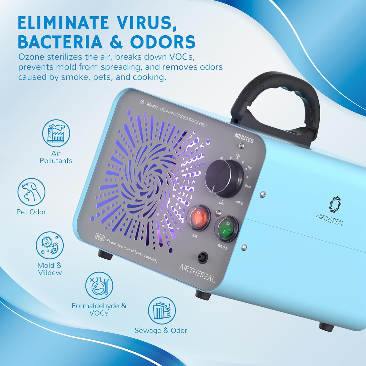 Generator de ozon pentru aer, apa, alimente, jucarii, pana la 370 ㎡, cu temporizator, comutator separat aer/apa, pentru sterilizare si eliminare mirosuri neplacute
