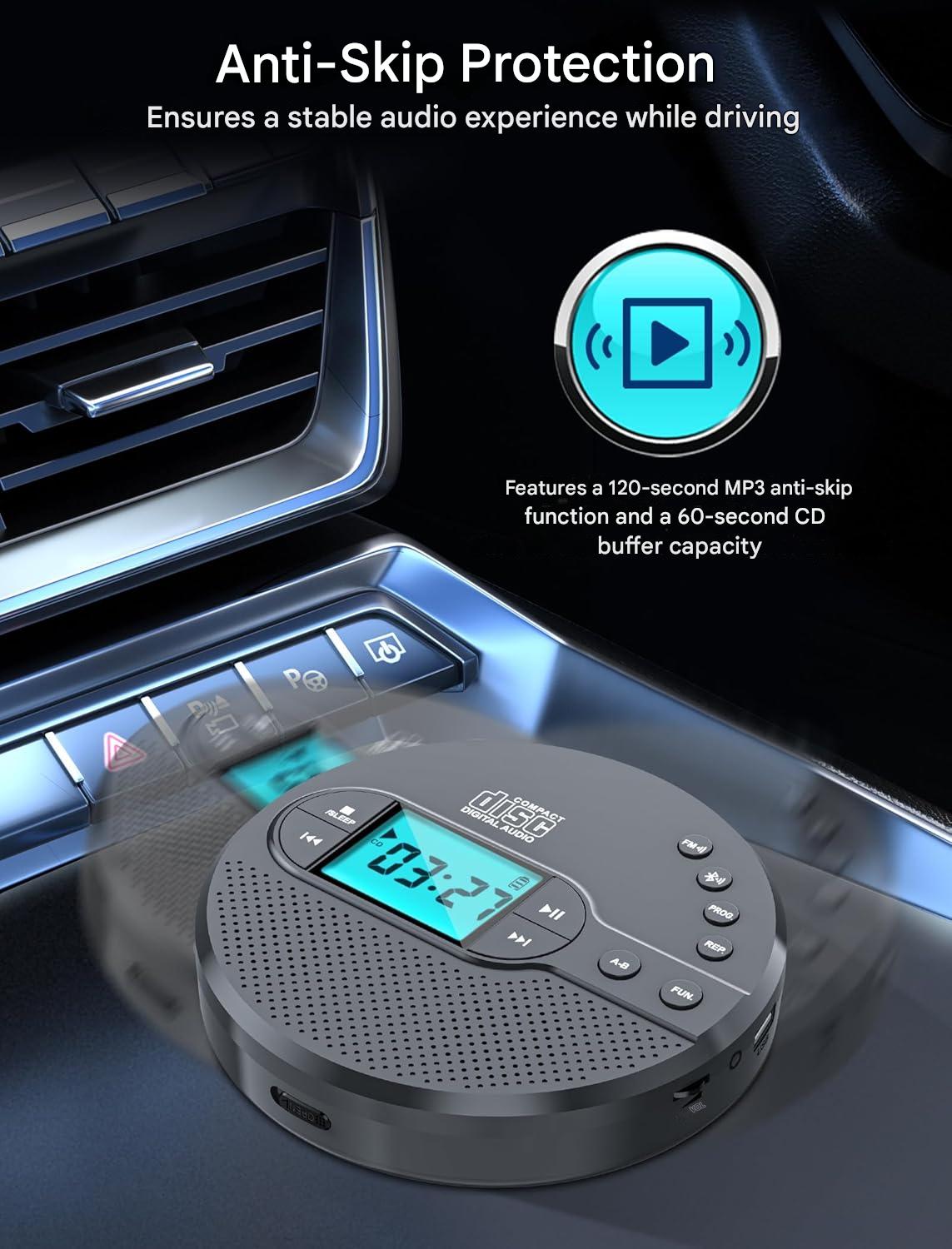 CD Player portabil Discman cu bluetooth si transmitator FM, baterie 2000 mAh, ecran LCD, difuzor incorporat, AUX si USB, anti-soc si anti-skip, cu casti, pentru masina si uz portabil