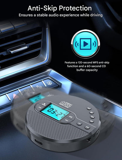 CD Player portabil Discman cu bluetooth si transmitator FM, baterie 2000 mAh, ecran LCD, difuzor incorporat, AUX si USB, anti-soc si anti-skip, cu casti, pentru masina si uz portabil
