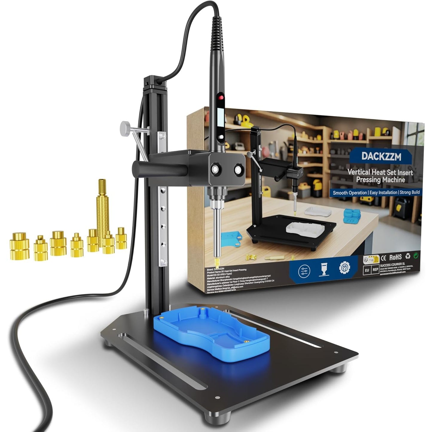 Instrument de insertie termica DACKZZM pentru insertii filetate, set 8 capete M2-M8, suport vertical 90°, compatibil imprimare 3D, aluminiu, reglabil, negru
