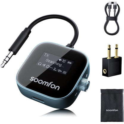 Adaptor audio Bluetooth SOOMFON 5.3 cu mufa Jack 3.5 mm si afisaj digital, adaptor audio 2-in-1 transmitator/receptor (TX/RX), conectare 2 casti simultan, compatibil AirPods, baterie pana la 13 ore, ideal pentru TV, avion, fitness, sistem audio