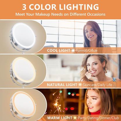 Oglinda cosmetica iluminata LED, marire 1X/20X, luminozitate reglabila, 3 moduri iluminare, reincarcabila, cu doua fete, buton tactil, rotativa 360°, argintie