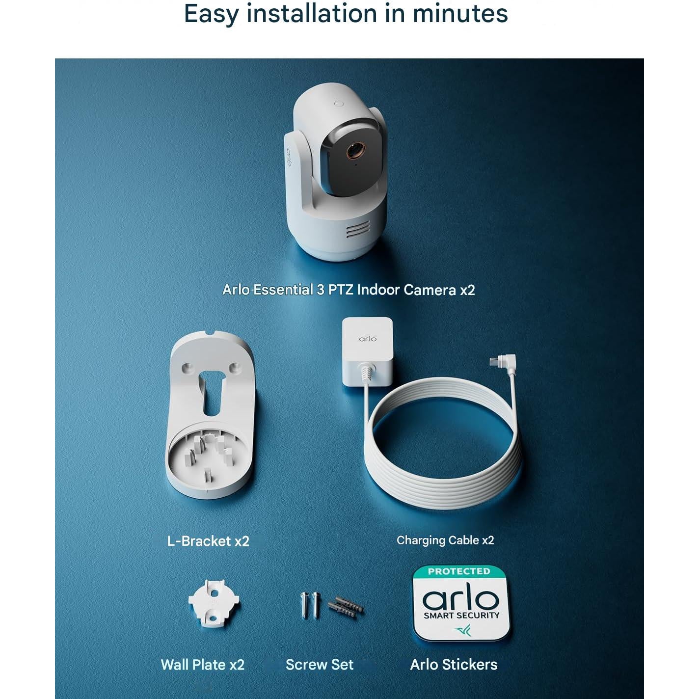 Camera de supraveghere Arlo Indoor 3 HD PTZ, set 2 bucati, video 1080p, cu WiFi, vedere nocturna color, rotire 360º panoramica, inclinare si zoom, alarma, audio bidirectional, urmarire miscare inteligenta, mod confidentialitate