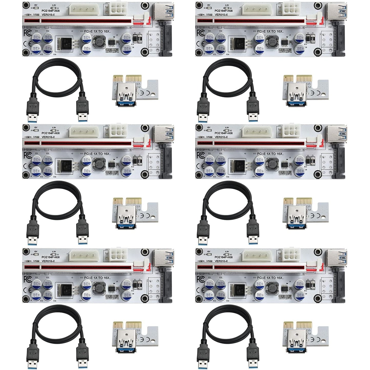 Set 6 Riser Card, placa adaptor PCI-E 1X la 16X GPU Riser cu cablu USB de 0, 6 m, VER010-X, 8 condensatoare solide, interfata 6PIN/4PIN/SATA, dedicat mining