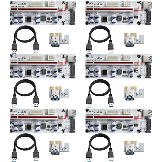Set 6 Riser Card, placa adaptor PCI-E 1X la 16X GPU Riser cu cablu USB de 0, 6 m, VER010-X, 8 condensatoare solide, interfata 6PIN/4PIN/SATA, dedicat mining