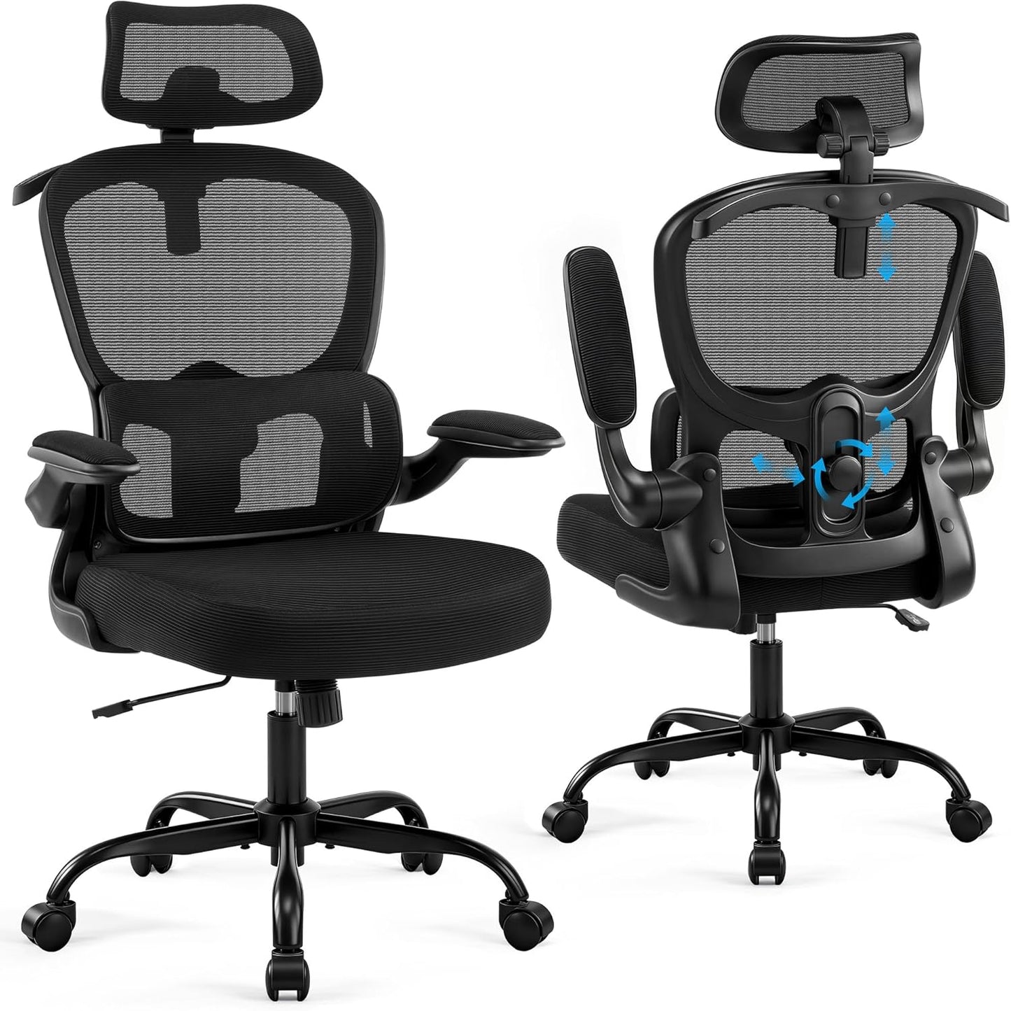 Scaun de birou ergonomic Coscendo, cu tetiera 3D reglabila si suport lombar, inclinare 90°–120°, cotiere rabatabile 90°, reglabil pe inaltime, rotativ cu roti silentioase, sarcina maxima 130 kg, negru